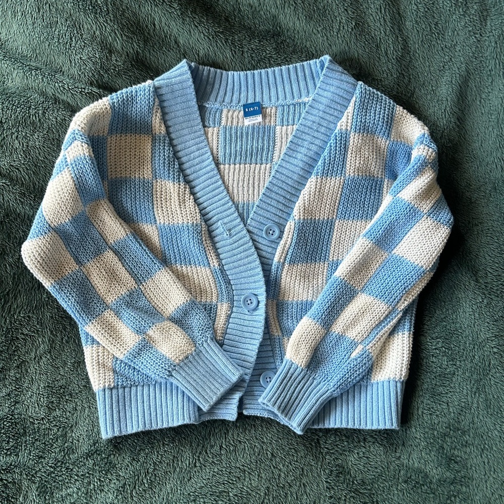 Girls Old Navy Blue and Cream Checkered Cardigan